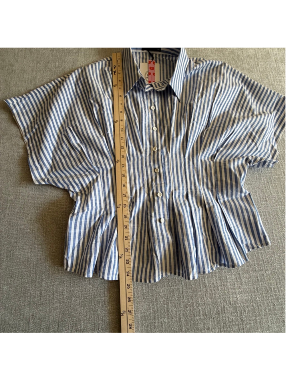 Cider COTTON-BLEND COLLAR STRIPE PLEATED CINCHED WAIST SHIRT blue and white 0X - Picture 10 of 12